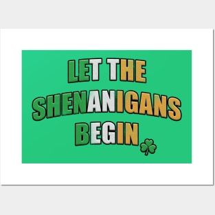 Distressed Let the Shenanigans Begin Irish Flag with Shamrock Posters and Art